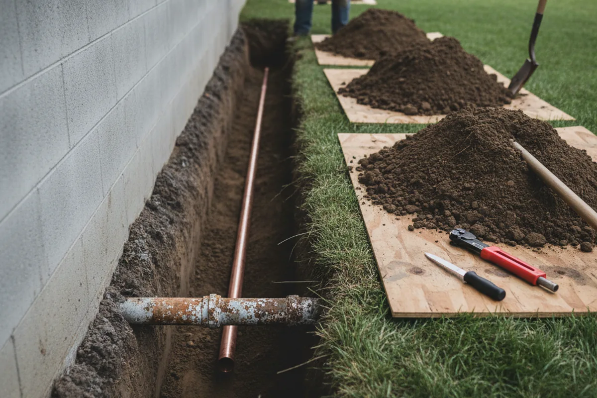 Excavated water line trench during Sewer Line Repair in Kernville
